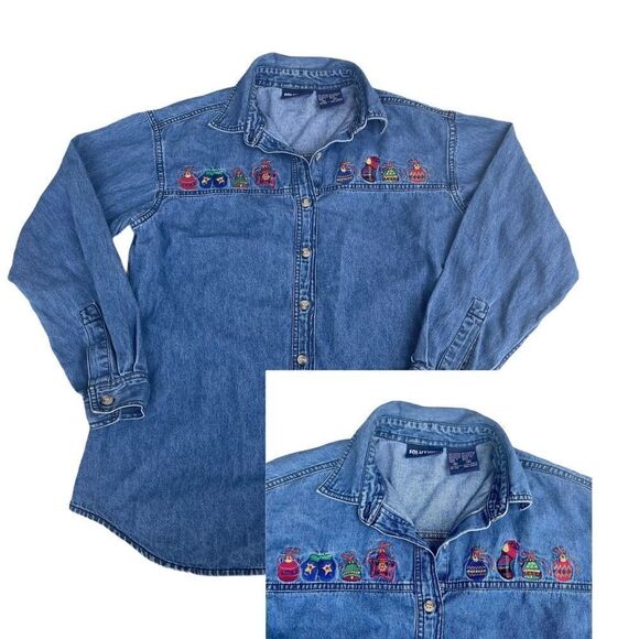 Solutions Denim Christmas Holiday Denim Button Up Shirt Embroidered Small Ugly - Picture 1 of 10